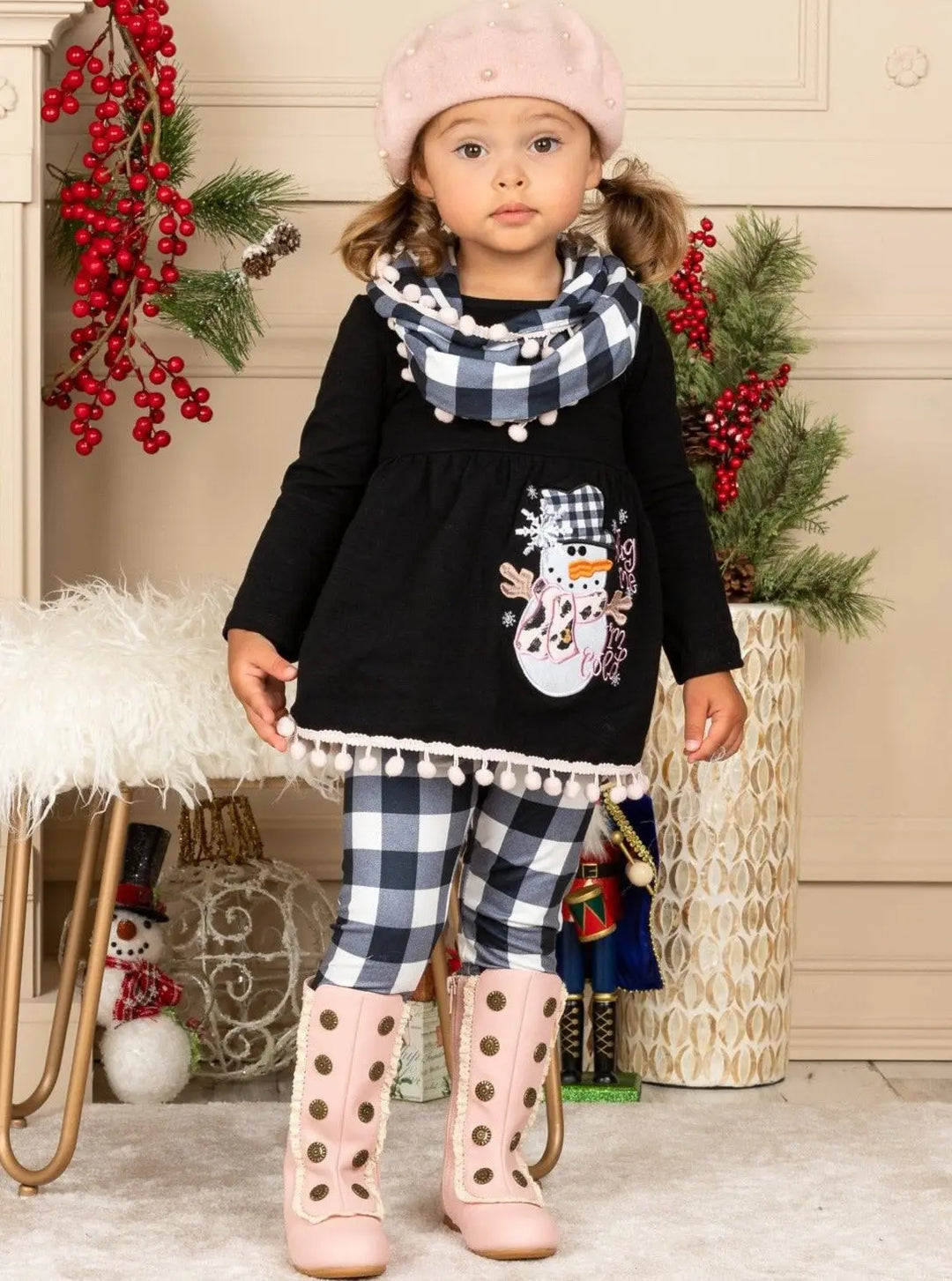 Cute Winter Sets | Girls Snowman Tunic, Plaid Scarf & Legging Set
