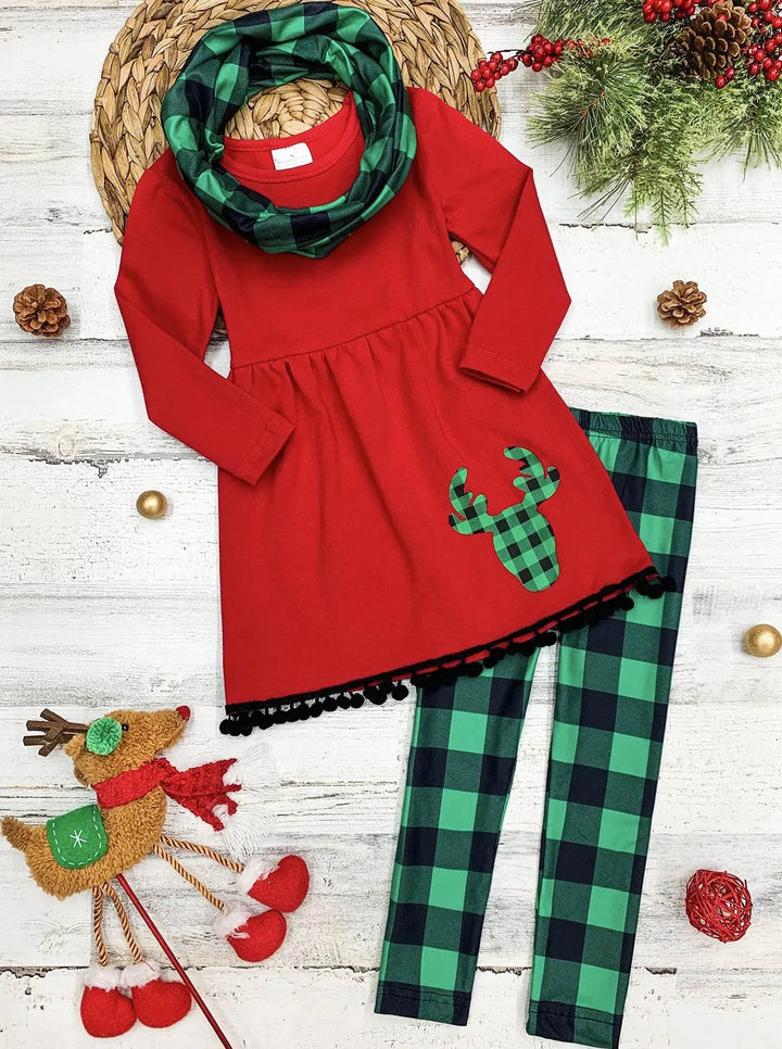 Girls Long Sleeve Reindeer Tunic, Plaid Leggings & Scarf Set