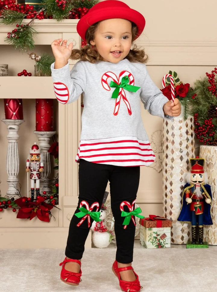 Cute Winter Sets | Girls Candy Cane Tunic And Patched Legging Set