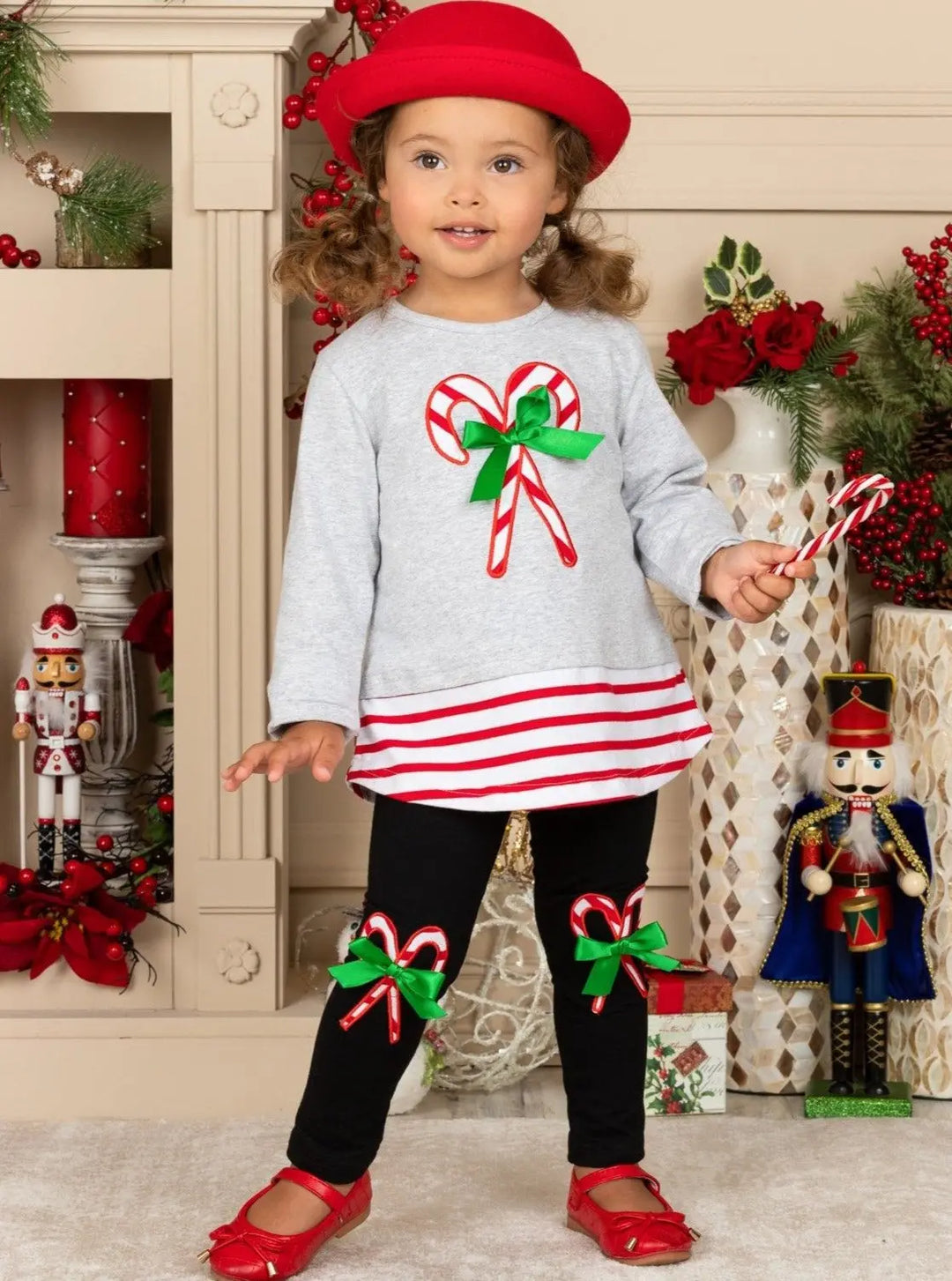 Cute Winter Sets | Girls Candy Cane Tunic And Patched Legging Set
