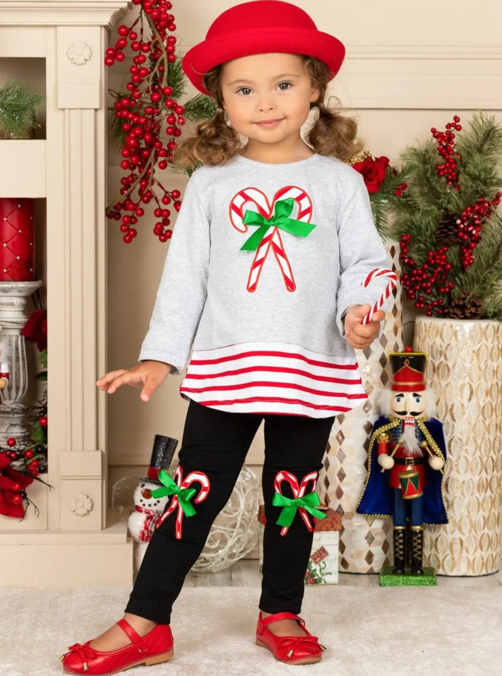 Cute Winter Sets | Girls Candy Cane Tunic And Patched Legging Set