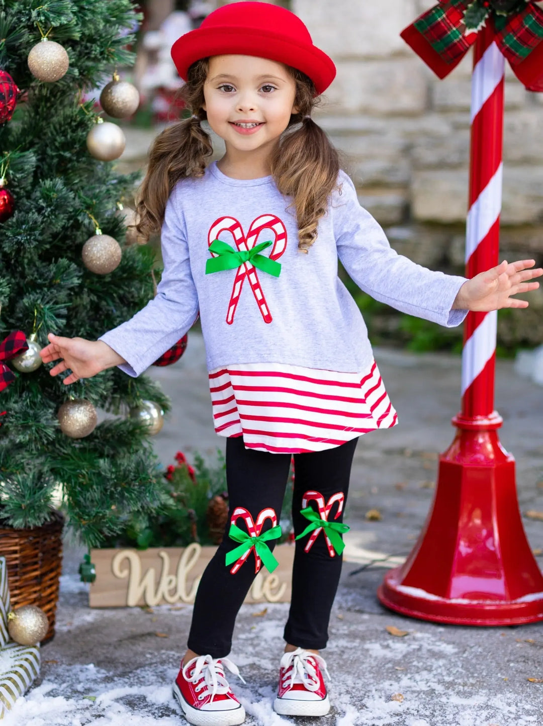 Cute Winter Sets | Girls Candy Cane Tunic And Patched Legging Set
