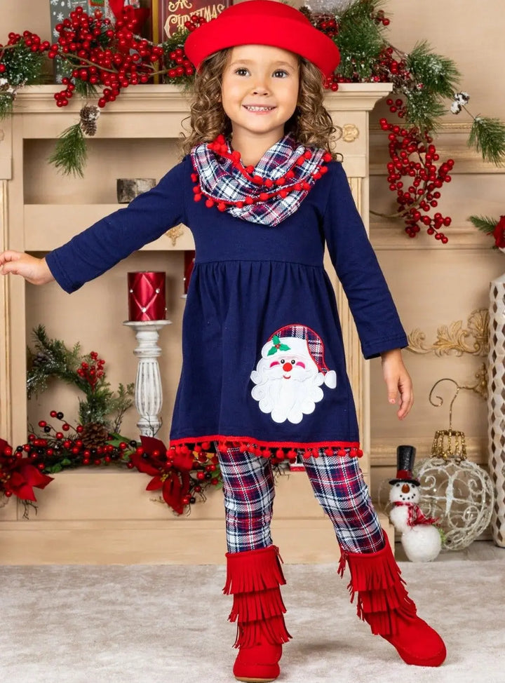 Cute Winter Sets |Girls Santa Pom Pom Tunic, Plaid Scarf & Legging Set