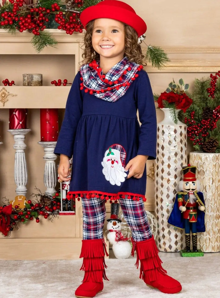Cute Winter Sets |Girls Santa Pom Pom Tunic, Plaid Scarf & Legging Set