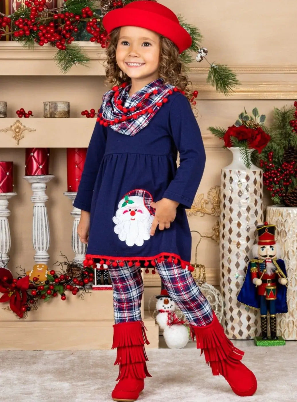 Cute Winter Sets |Girls Santa Pom Pom Tunic, Plaid Scarf & Legging Set