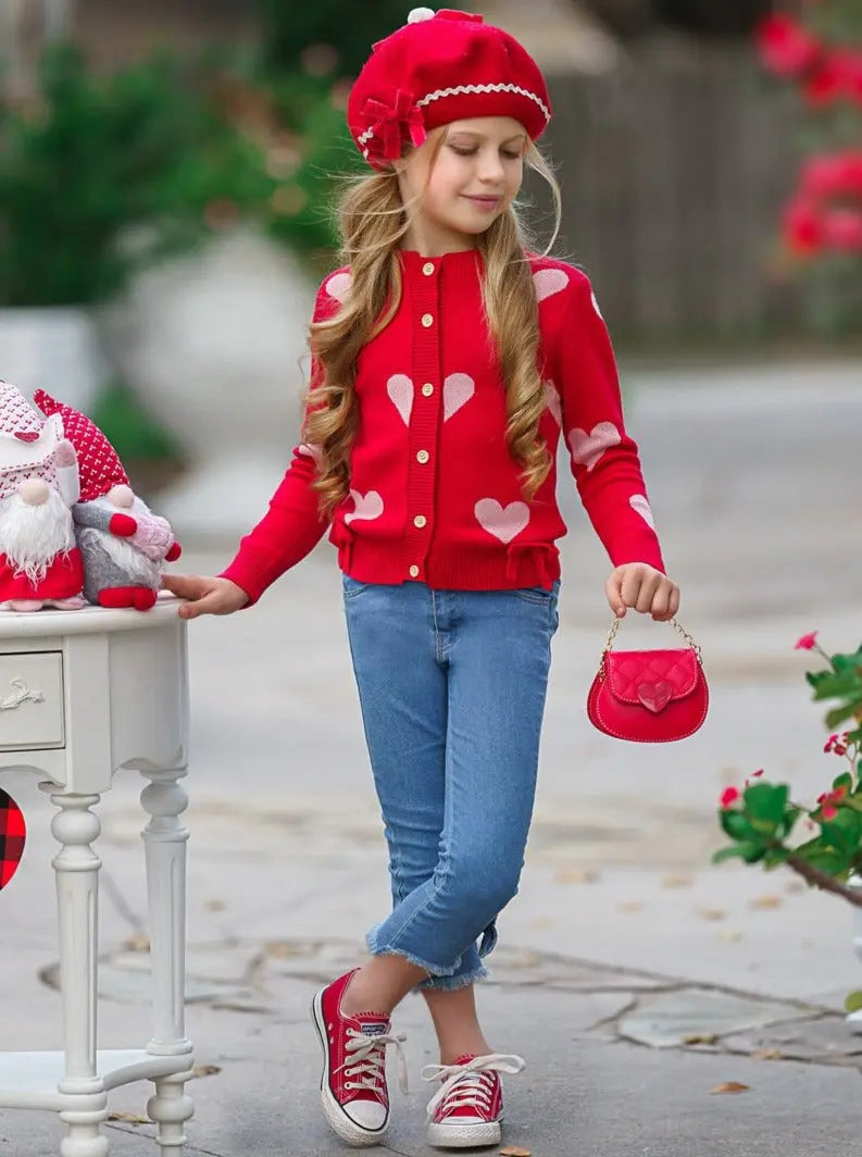 Toddler Valentine's Clothes | Girls Heart Cardigan & Bowed Jeans Set 