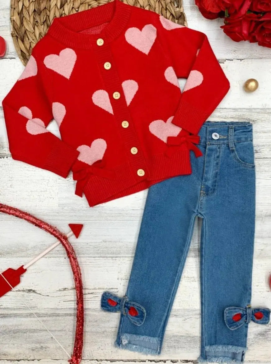 Toddler Valentine's Clothes | Girls Heart Cardigan & Bowed Jeans Set 