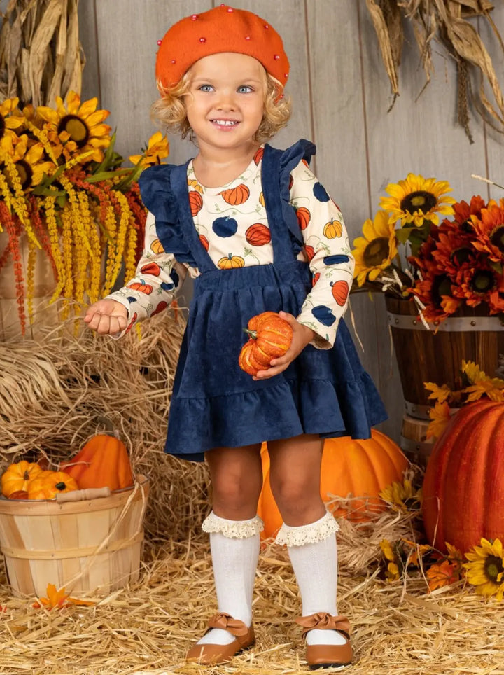 Girls Fall Outfit | Pumpkin Top & Pinafore Skirt Set - Mia Belle Girls