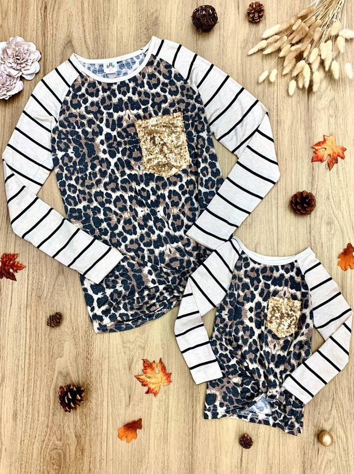 Mommy and Me Matching Tops | Leopard Print Sequin Pocket Raglan Top