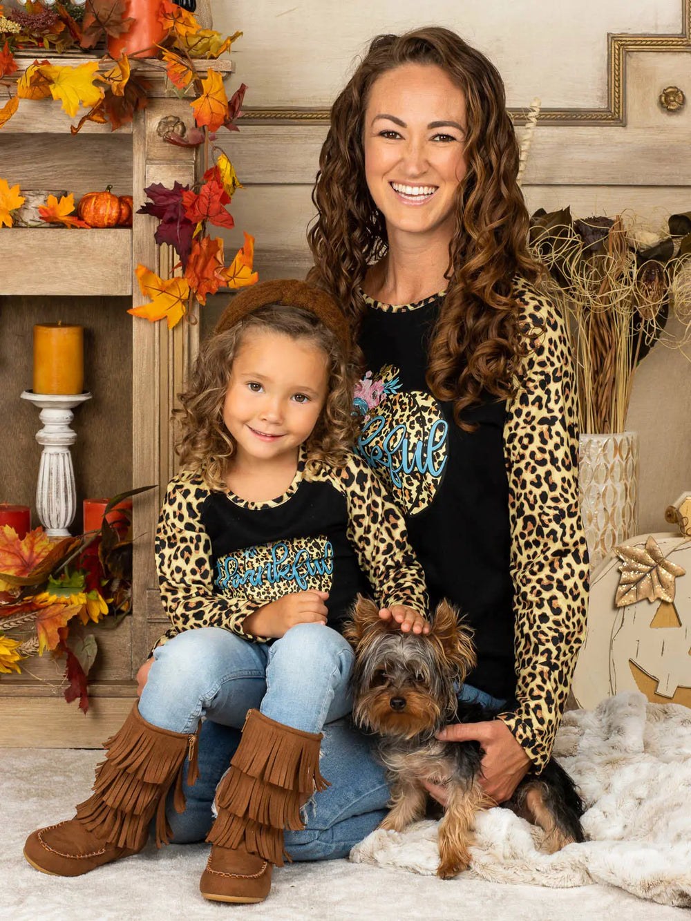 Mommy and Me Thankful Pumpkin Leopard Top Mia Belle Girls
