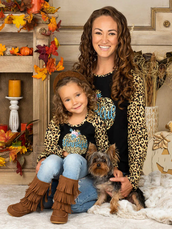 Mommy and Me Thankful Pumpkin Leopard Top Mia Belle Girls