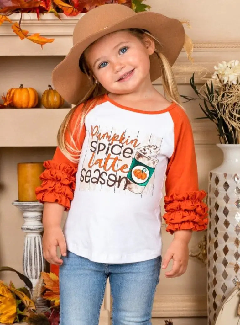 Girls Fall Tops | Pumpkin Spice Ruffle Raglan Top - Mia Belle Girls