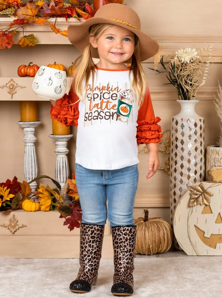 Girls Fall Tops | Pumpkin Spice Ruffle Raglan Top - Mia Belle Girls