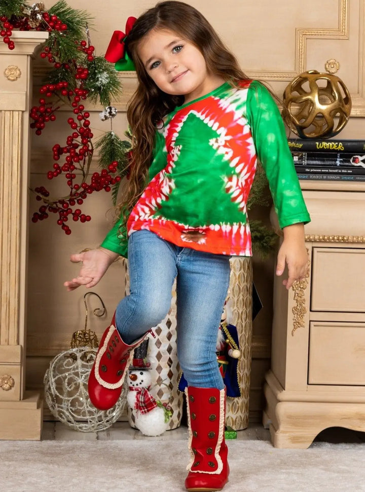 Cute Winter Tops | Girls Long Sleeve Tie Dye Christmas Tree Print Top