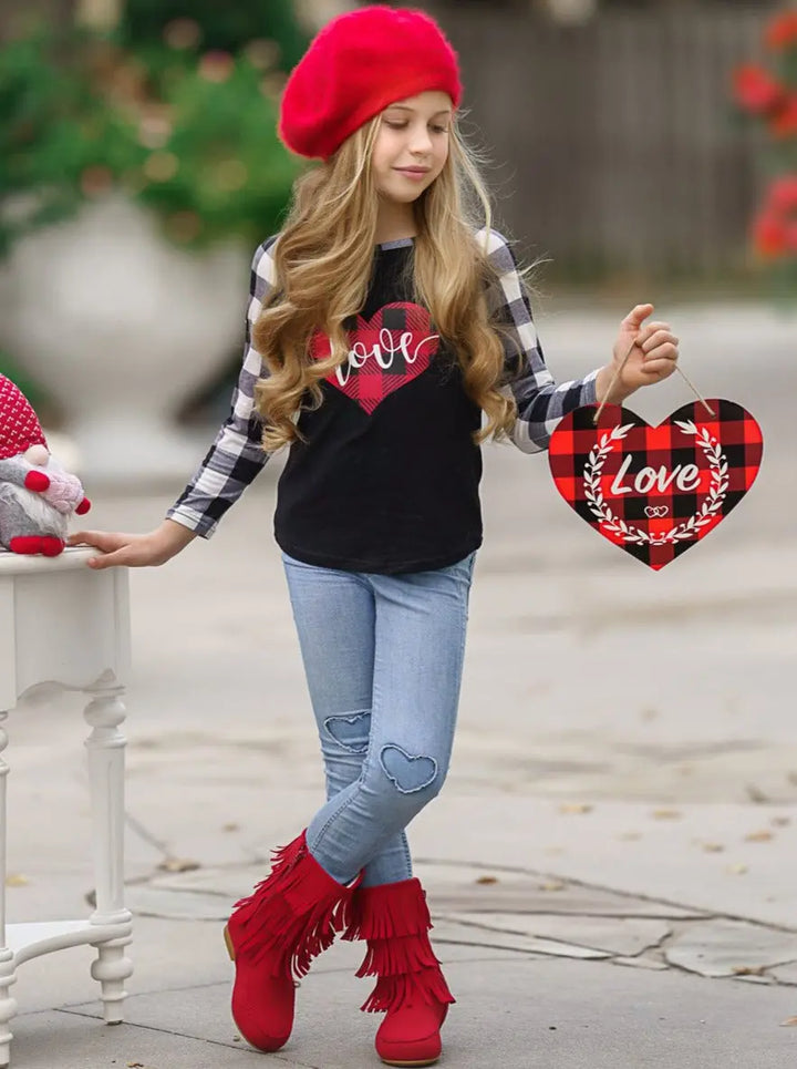 Toddler Valentine's Tops | Little Girls Plaid Raglan Sleeve Love Top