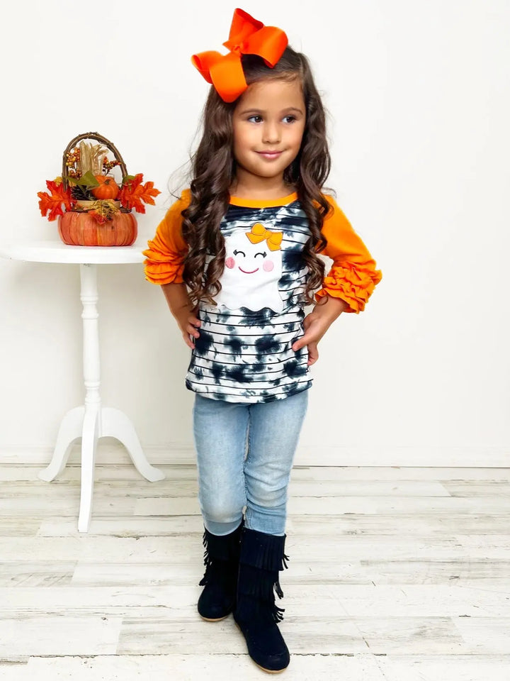 Girls Halloween Top | Ghost Tie Dye Raglan Top - Mia Belle Girls