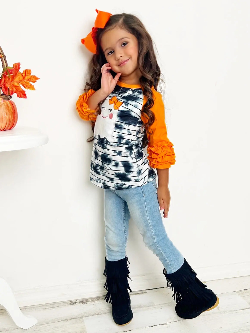 Girls Halloween Top | Ghost Tie Dye Raglan Top - Mia Belle Girls