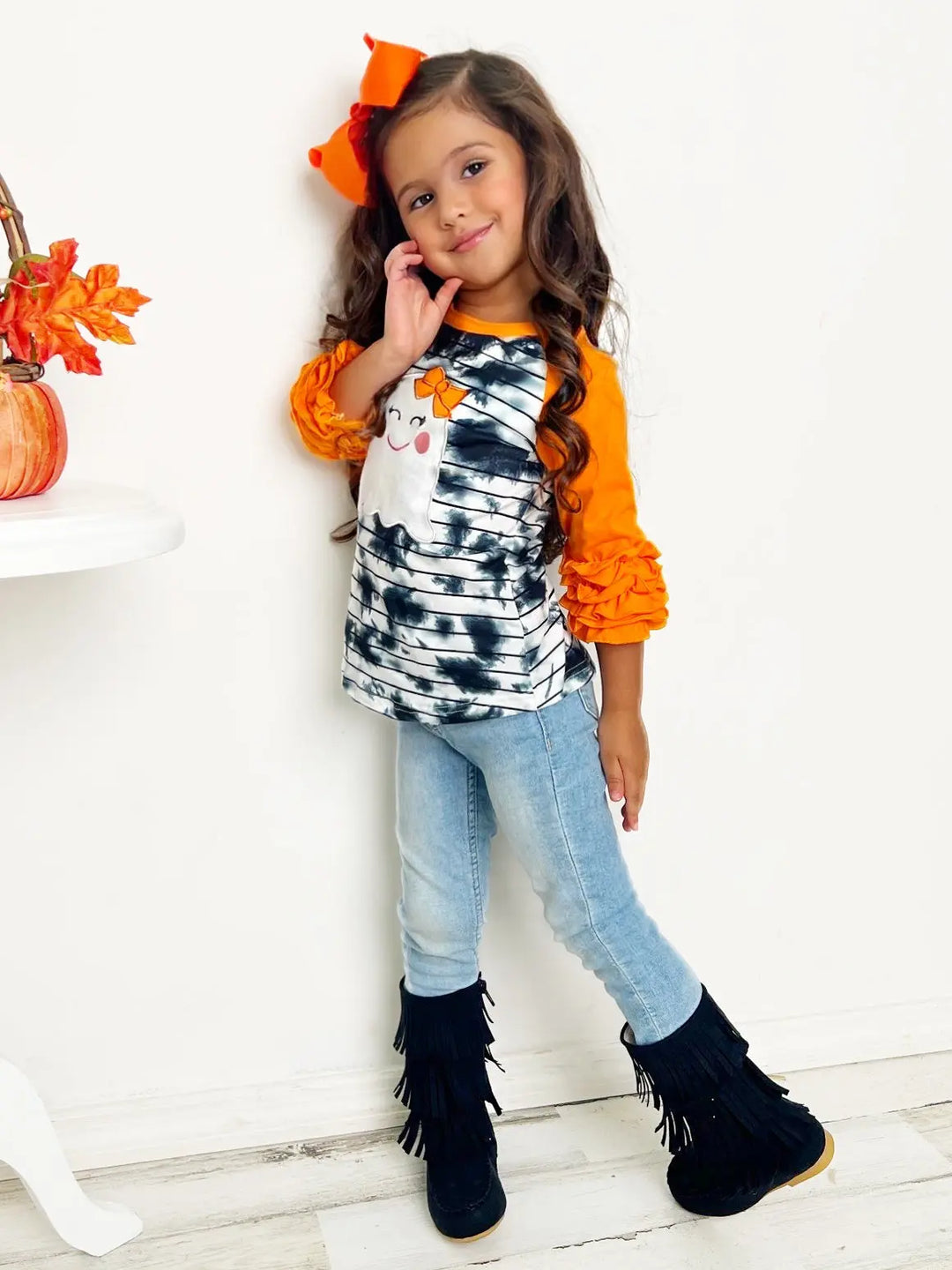 Girls Halloween Top | Ghost Tie Dye Raglan Top - Mia Belle Girls