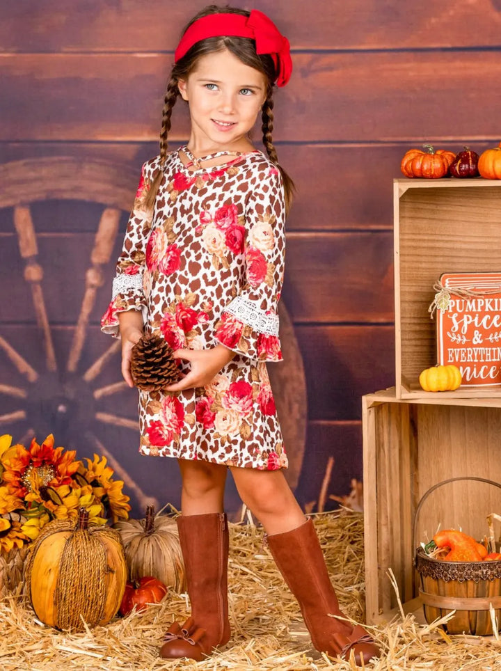 Girls Animal Print Floral Crochet Ruffled Long Sleeve Dress Brown