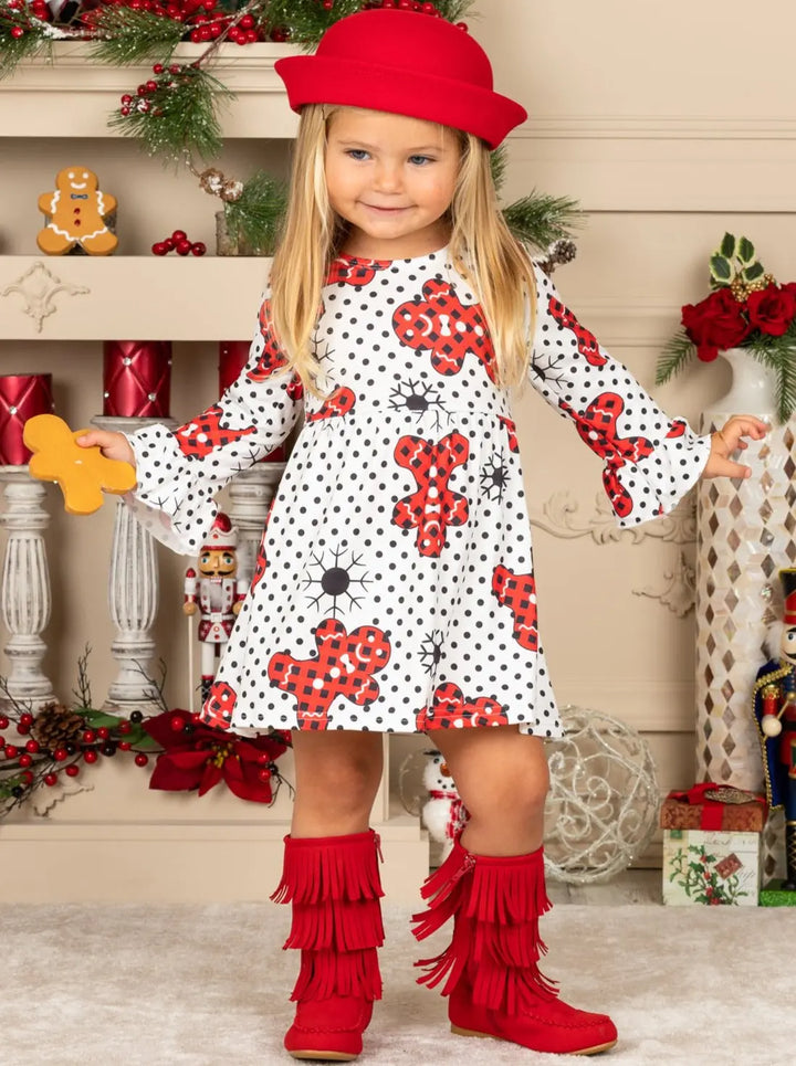 Christmas Dresses | Girls Flared Polka Dot Gingerbread Print Dress