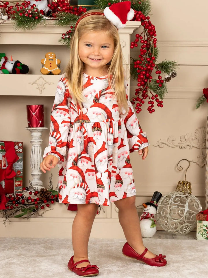 Girls Christmas Themed Santa Print Long Bell Sleeve Dress Mia Belle Girls