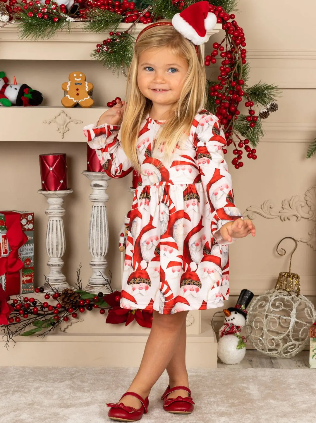 Girls Christmas Themed Santa Print Long Bell Sleeve Dress Mia Belle Girls