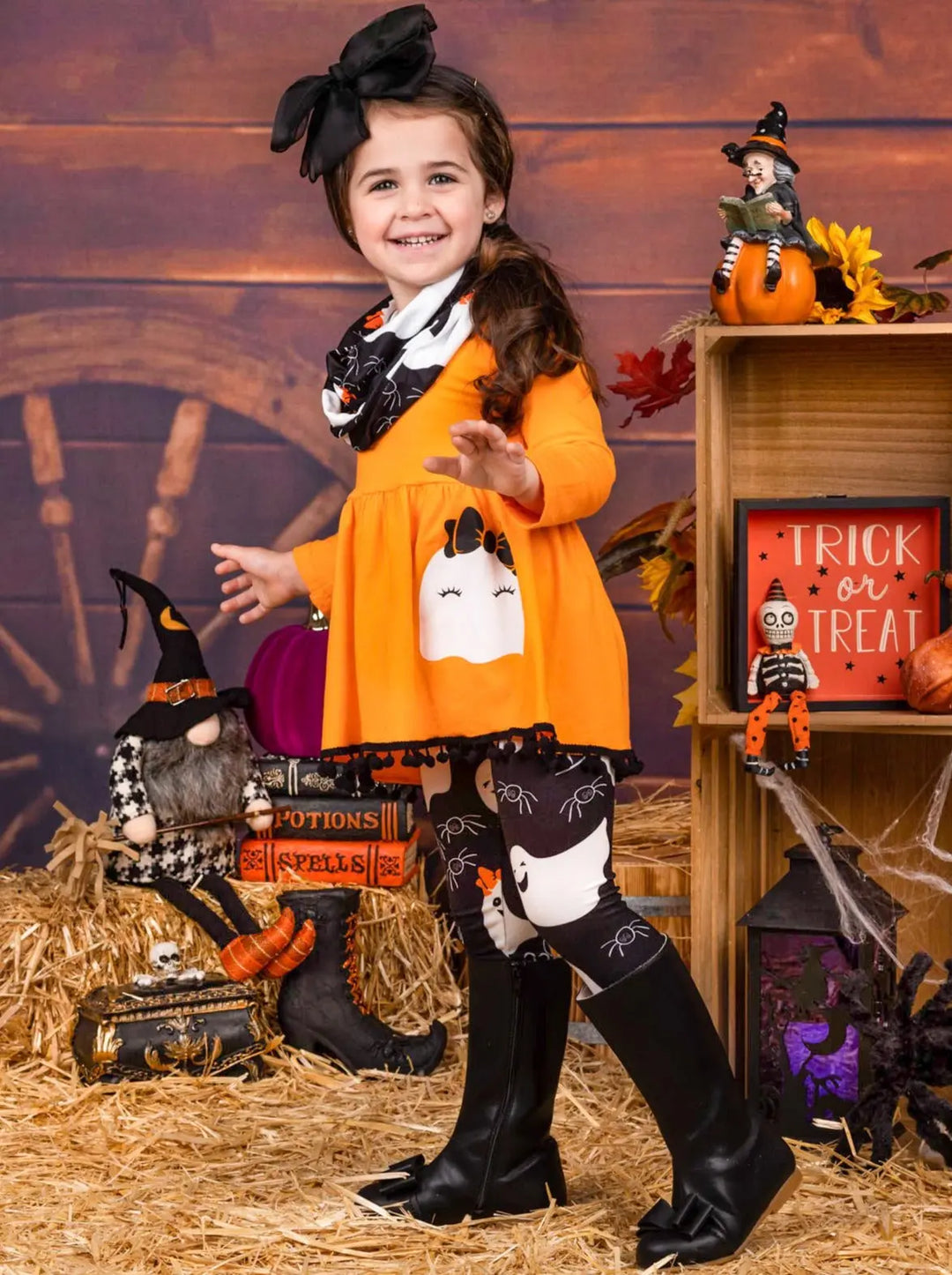 Little Girls Cute Ghost Tunic, Leggings & Scarf Set - Mia Belle Girls