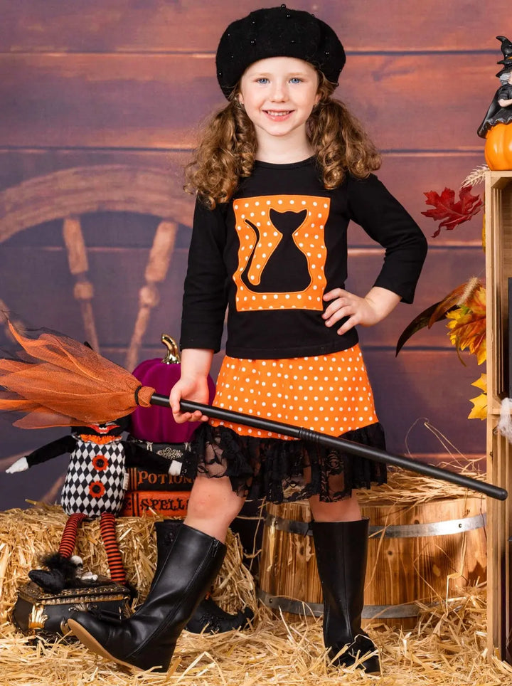 Little girls long-sleeve top with cat and polka dot graphic applique and a matching polka dot midi skirt with floral lace hem - Mia Belle Girls