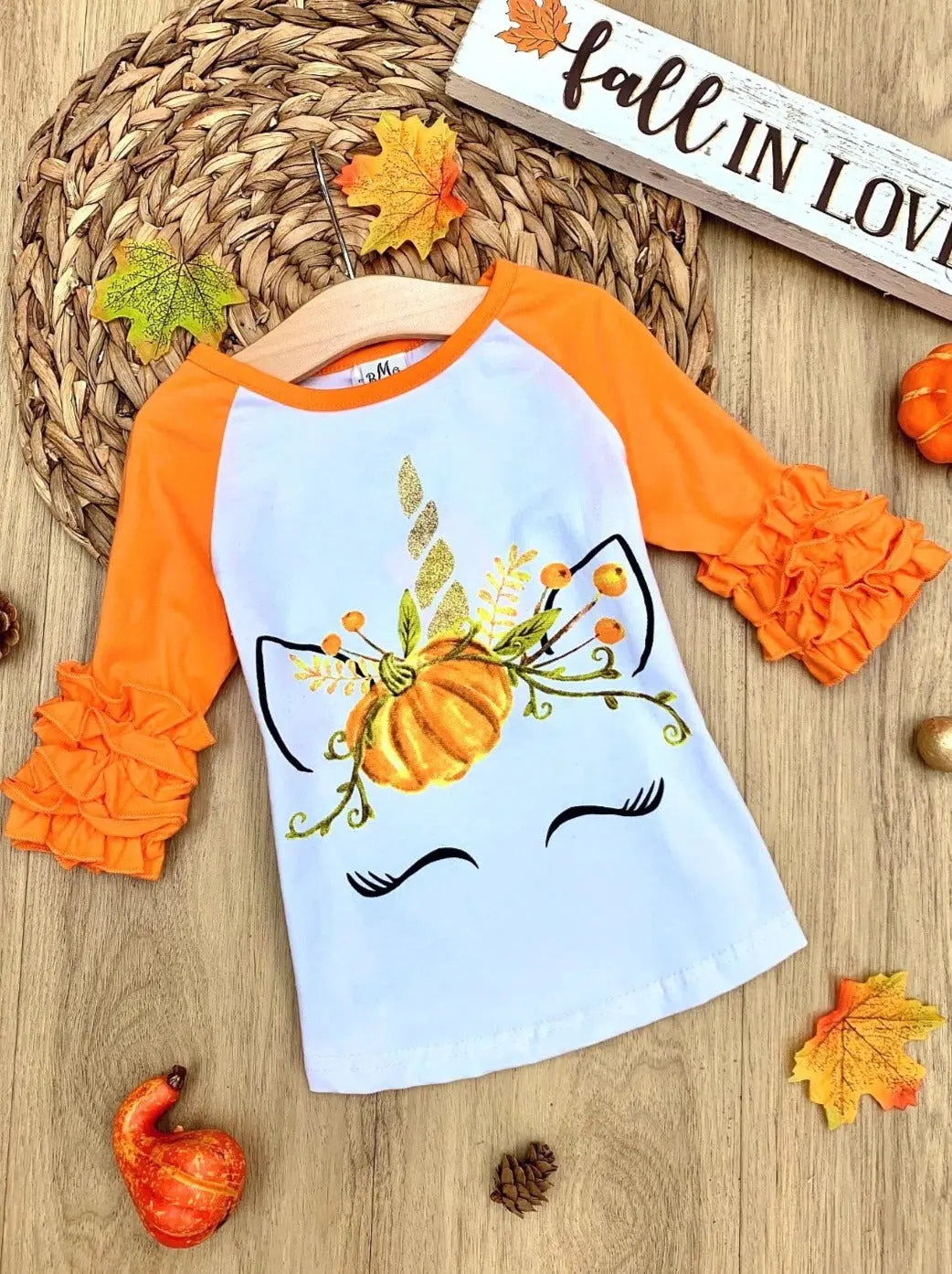 Little Girls Fall Tops | Pumpkin Unicorn Raglan Top - Mia Belle Girls