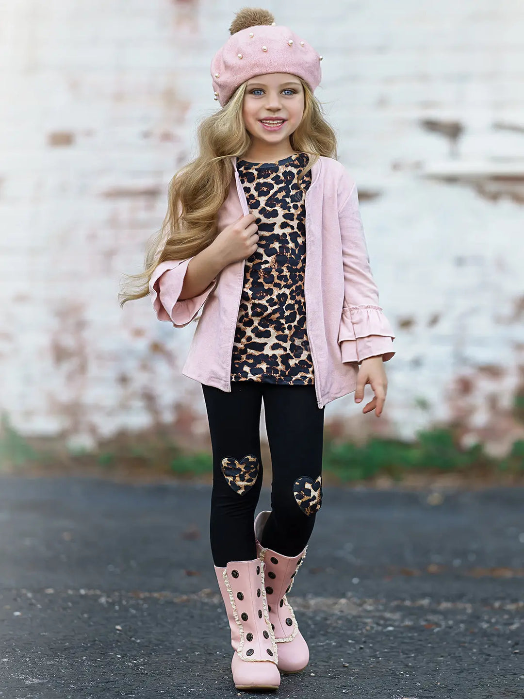 Little Girls Fall Leopard Top, Leggings & Jacket Set - Mia Belle Girls