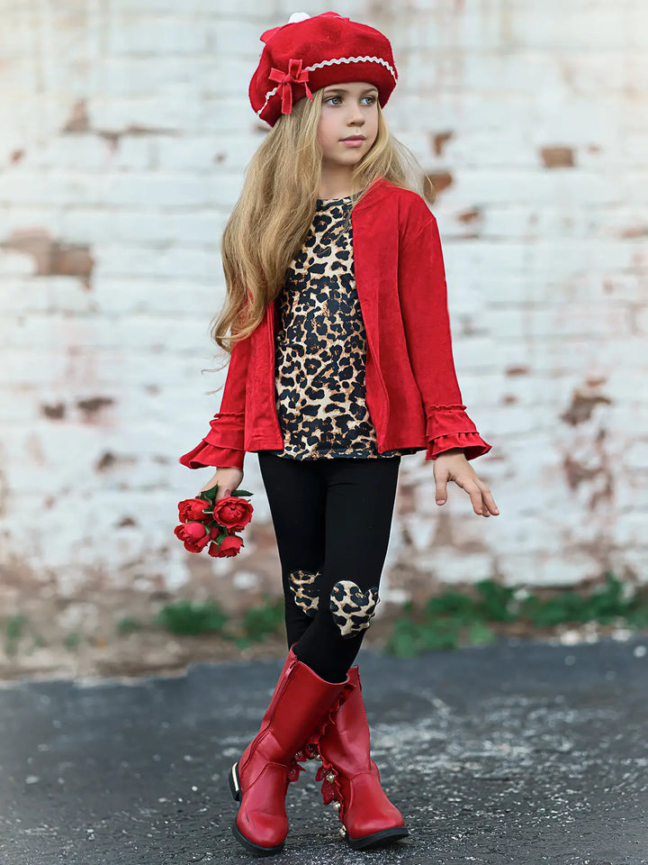 Little Girls Fall Leopard Top, Leggings & Jacket Set - Mia Belle Girls