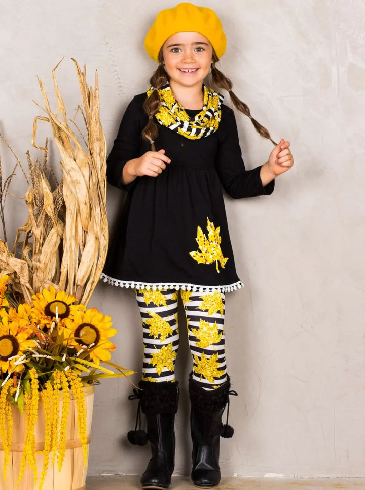 Girls Striped Leaves Print Circle Trim Hem Long Sleeve Tunic, Leggings & Scarf Set