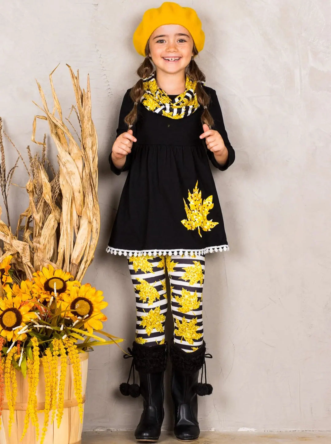 Girls Striped Leaves Print Circle Trim Hem Long Sleeve Tunic, Leggings & Scarf Set