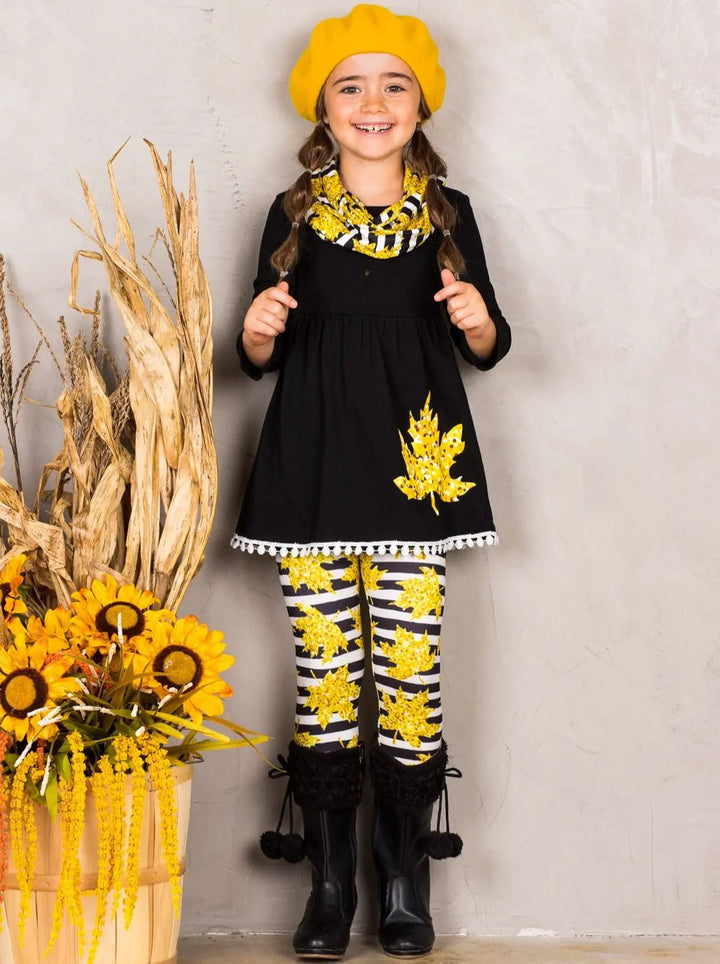 Girls Striped Leaves Print Circle Trim Hem Long Sleeve Tunic, Leggings & Scarf Set