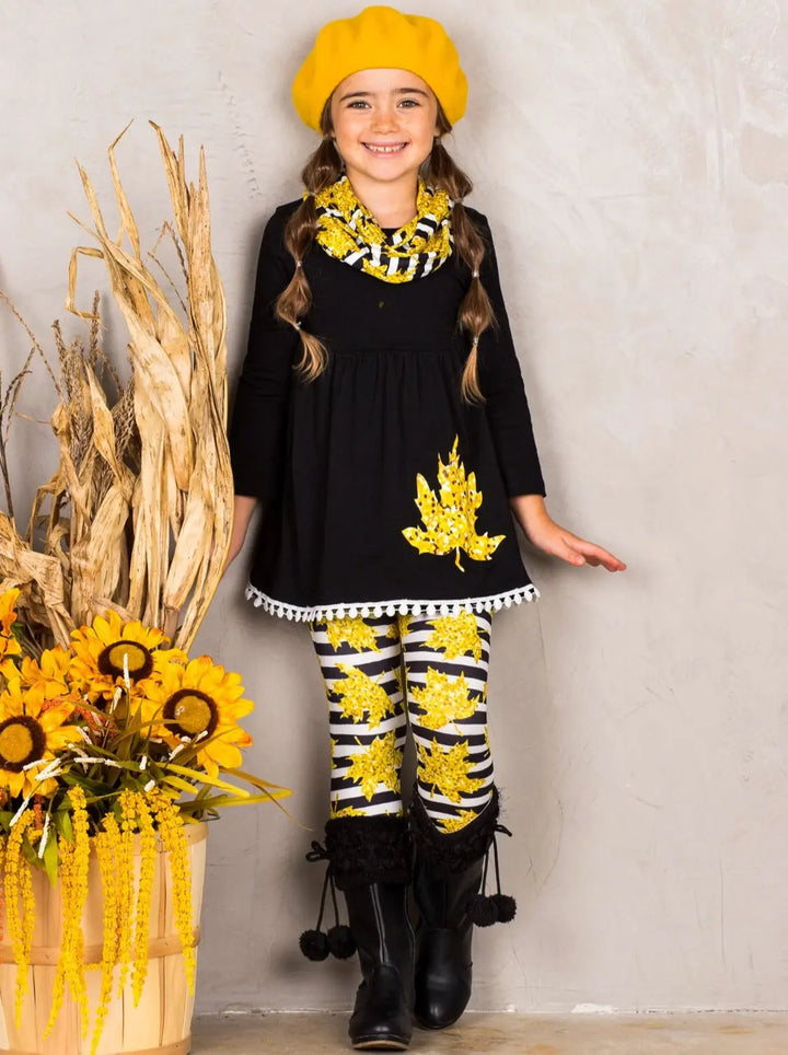 Girls Striped Leaves Print Circle Trim Hem Long Sleeve Tunic, Leggings & Scarf Set