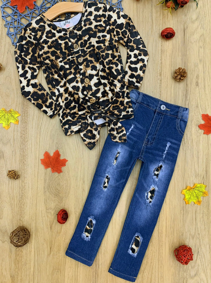 Cute Outfits For Girls | Leopard Print Knot Hem Top & Patched Jeans Set