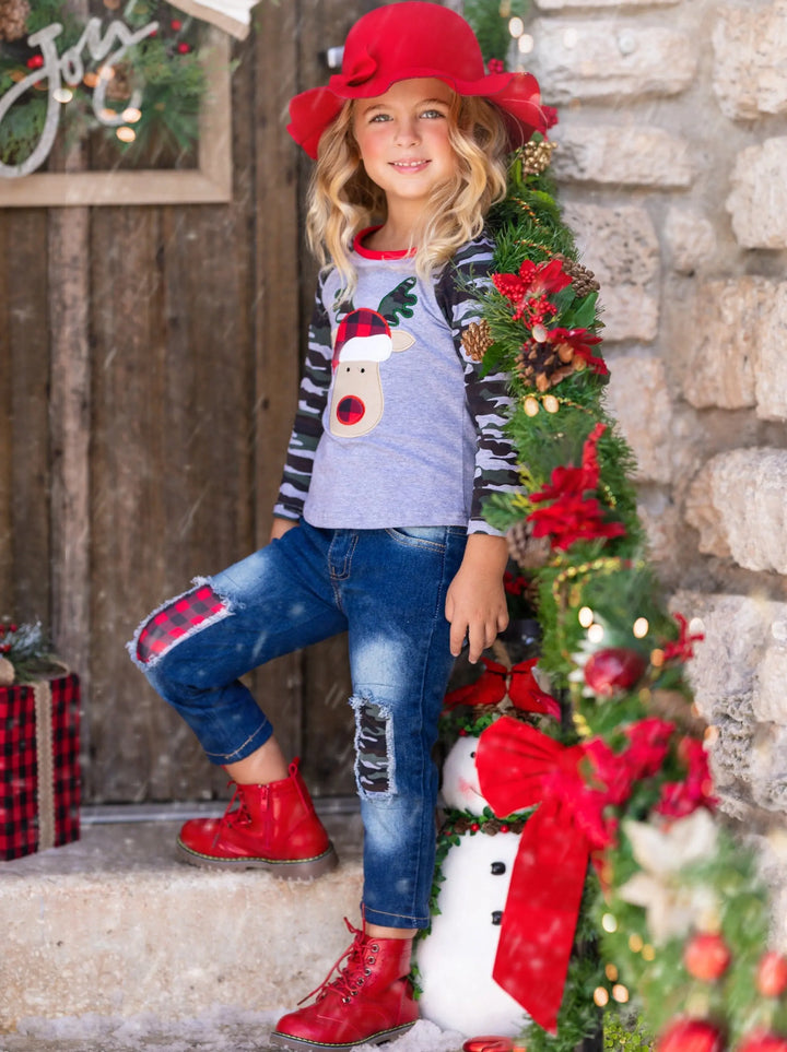 Cute Winter Sets | Girls Rudolph Camo Raglan Top & Patched Jeans Set