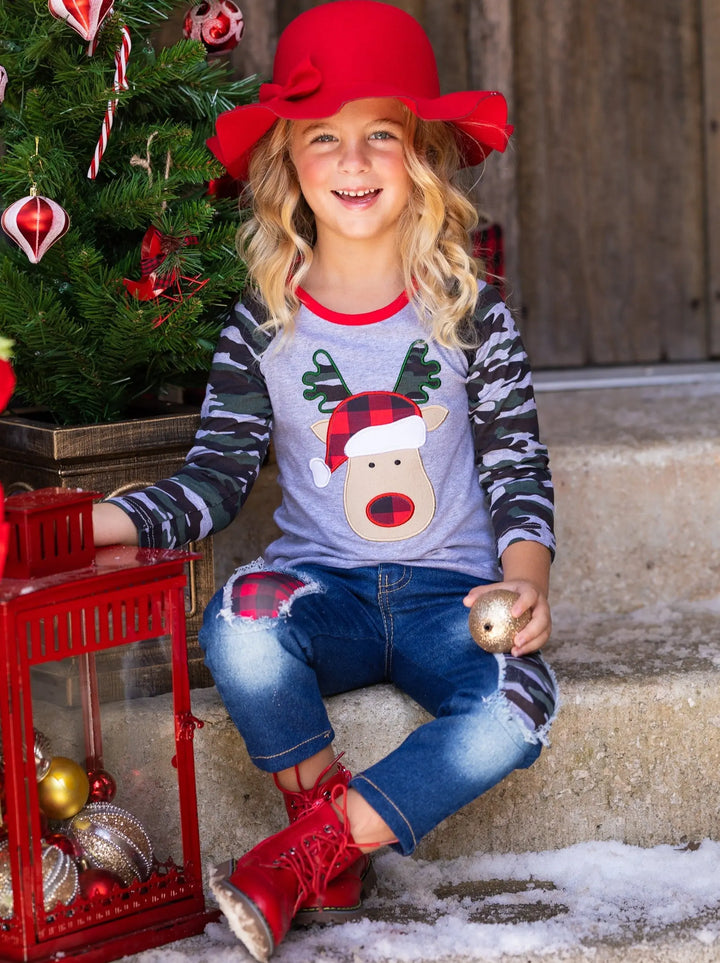 Cute Winter Sets | Girls Rudolph Camo Raglan Top & Patched Jeans Set