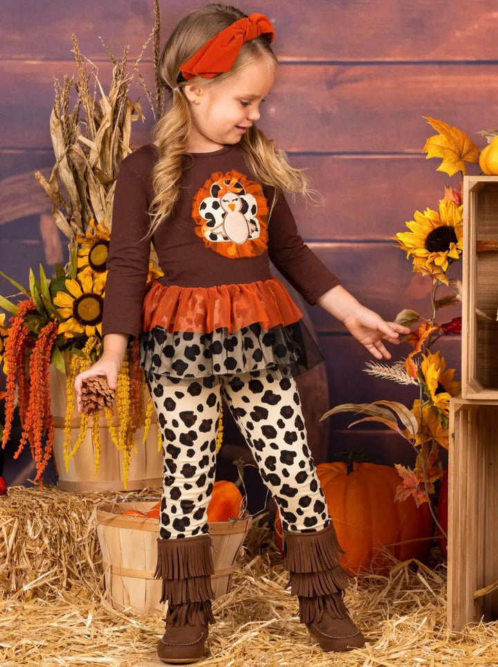 Girls Leopard Turkey Ruffled Peplum Tunic and Legging Set Mia Belle Girls