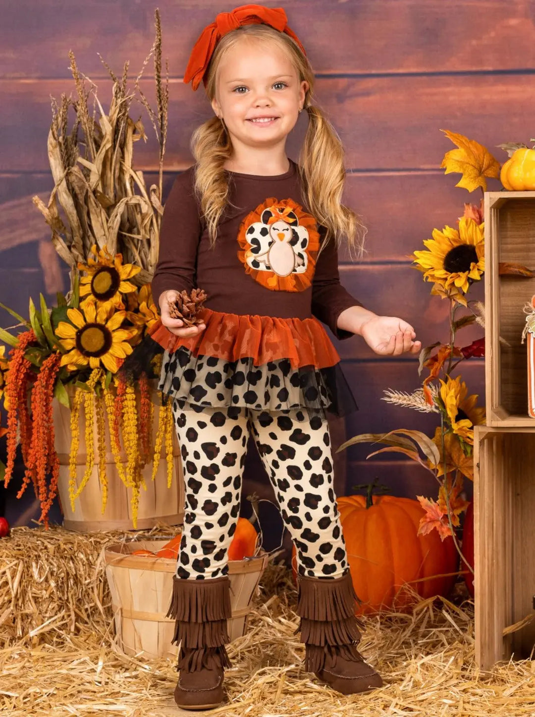 Girls Leopard Turkey Ruffled Peplum Tunic and Legging Set Mia Belle Girls