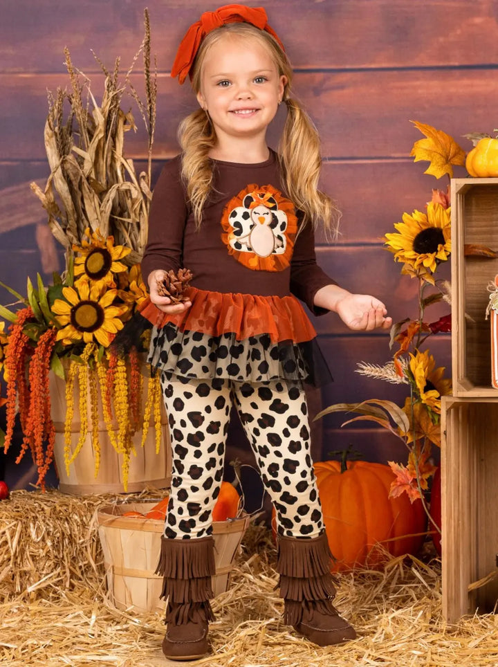 Girls Leopard Turkey Ruffled Peplum Tunic and Legging Set Mia Belle Girls