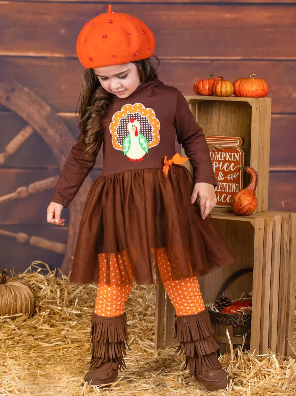 Girls Turkey Peplum Tutu Hoodie and Polka Dot Legging Set Mia Belle Girls