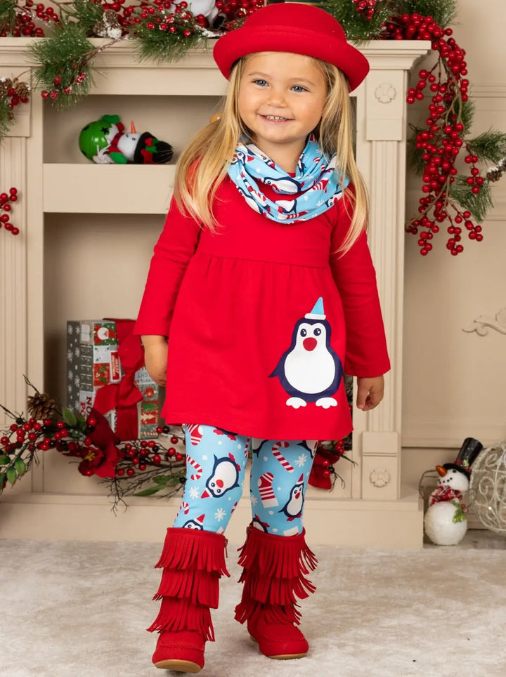 Girls Penguin Candy Cane Top, Leggings and Scarf Set Mia Belle Girls