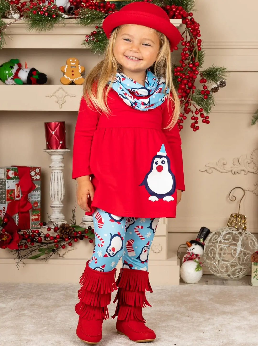 Girls Penguin Candy Cane Top, Leggings and Scarf Set Mia Belle Girls