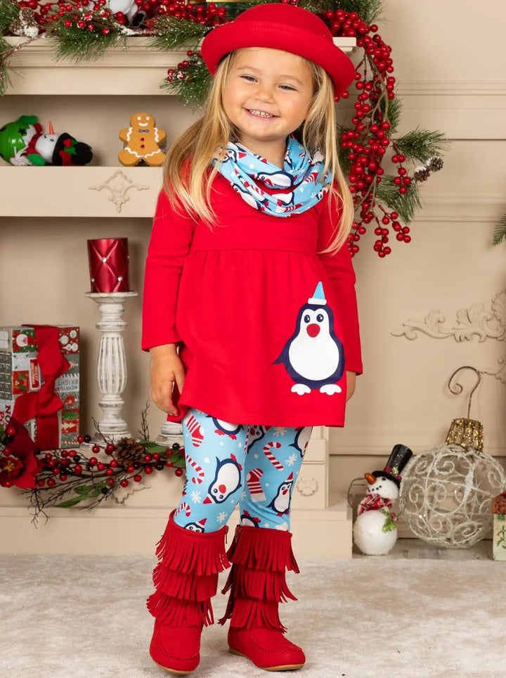 Girls Penguin Candy Cane Top, Leggings and Scarf Set Mia Belle Girls