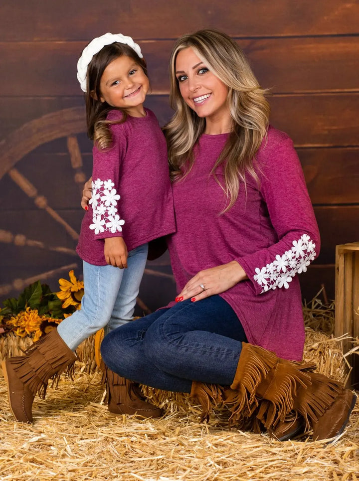Mommy and Me Fuchsia Long Sleeve Hi-Lo Flower Trim Tunic Mia Belle Girls