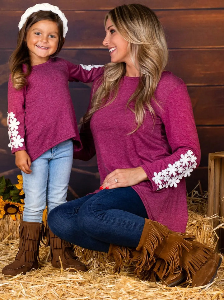 Mommy and Me Fuchsia Long Sleeve Hi-Lo Flower Trim Tunic Mia Belle Girls