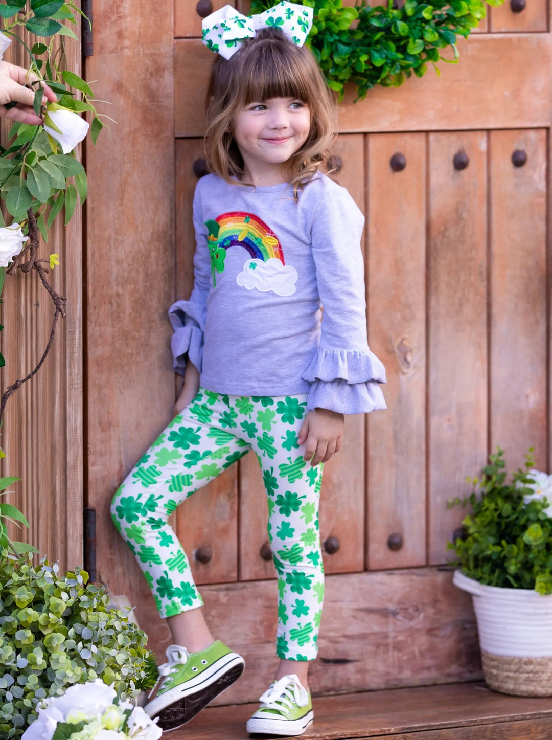 St. Patrick's Day Clothes | Girls Rainbow Top & Clover Legging Set