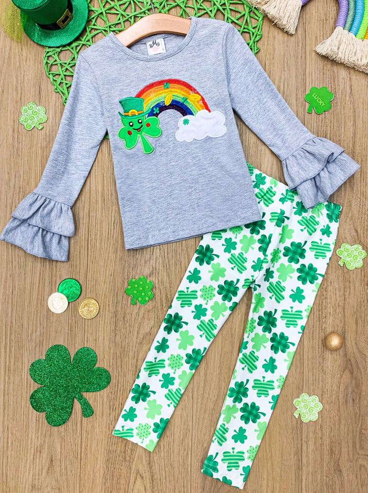 St. Patrick's Day Clothes | Girls Rainbow Top & Clover Legging Set