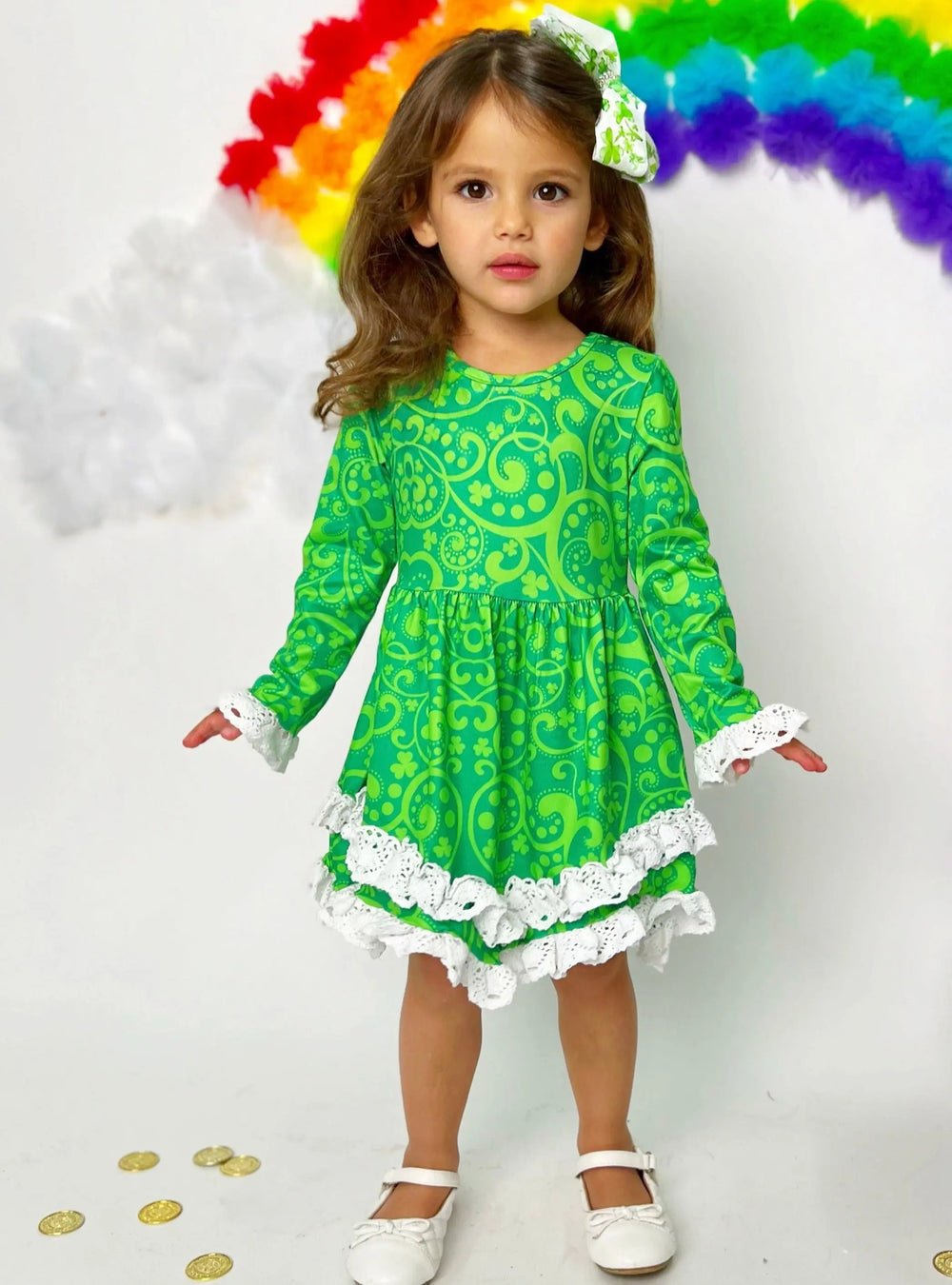 Girls St. Patrick’s Day Paisley Flared Sleeve Crochet 2-Tier Dress